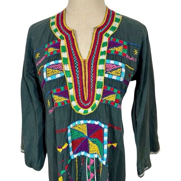 Vintage 1970s Hand Sewn and Embroidered Boho Kerdasa Egyptian Dress Kaftan - Picture 4 of 11
